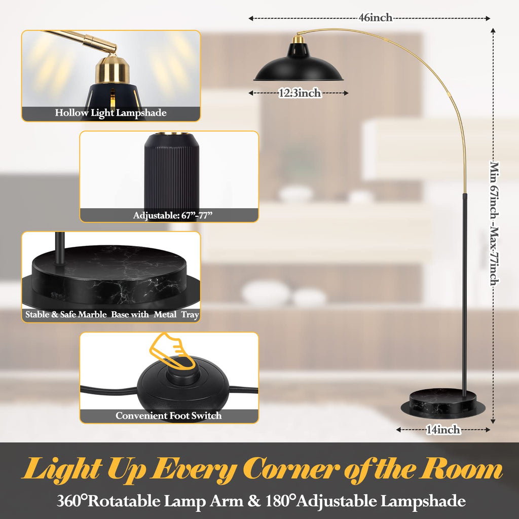 Modern Black Arc Floor Lamp with Marble Base, Adjustable 67-77"