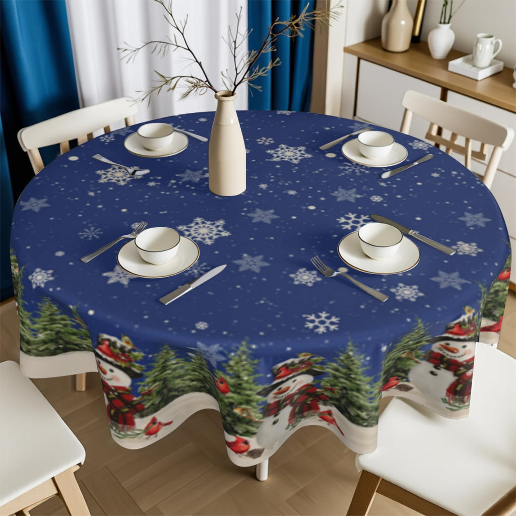 Christmas Round Tablecloth 70 Inch Snowman Winter Table Cover