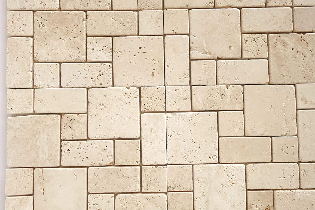 Ivory/Beige Travertine Tumbled 3-Pieced Mini-Pattern Mosaic Tile -5 Sheets