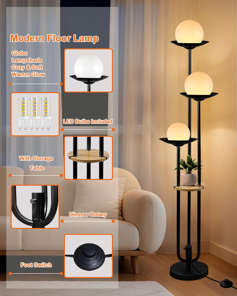 Globe Floor Lamp with Shelf 3-Lights Modern Dimmable Floor Lamps 3000K Warm White Bulbs Included Black Tall Standing