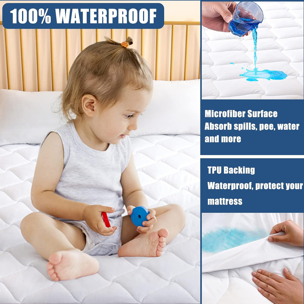 King Quilted Mattress Pad Waterproof Breathable Bed Protector Quiet Fabric Noiseless Cooling Microfiber Fitted