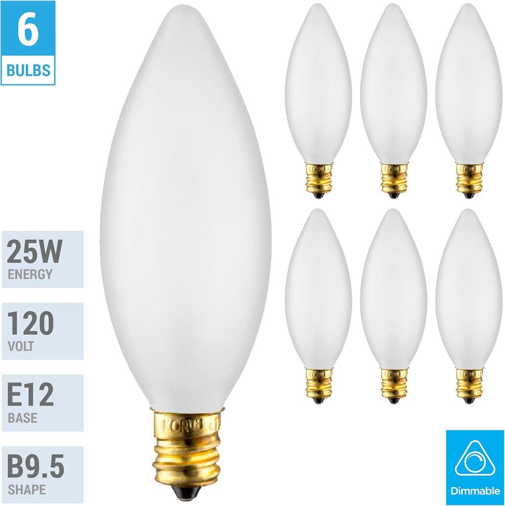 25W Incandescent Chandelier Bulbs, E12 Candelabra Base, 6-Pack