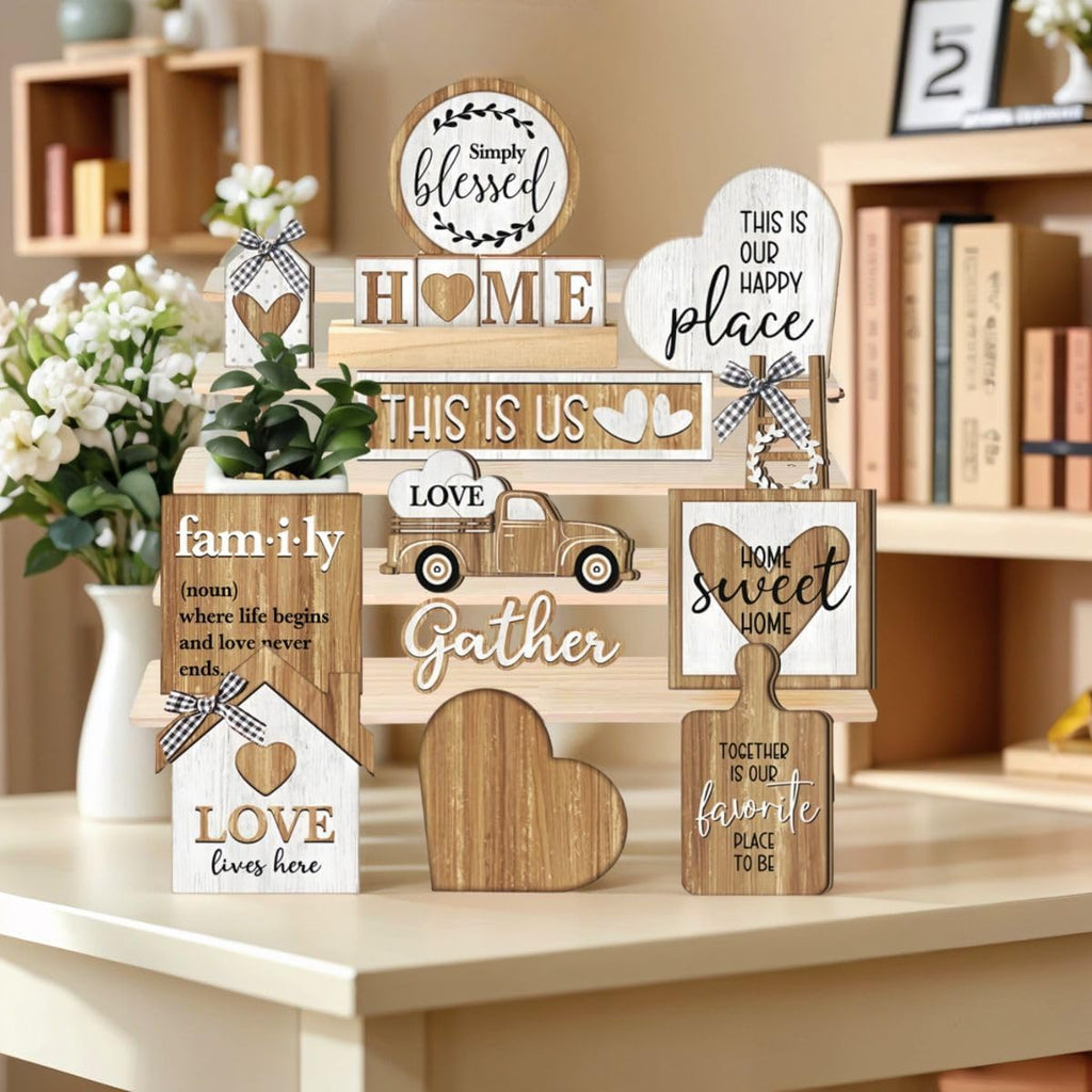 Farmhouse Tiered Tray Decor Set,Rustic Kitchen Decoration, Wooden Signboards in The Original Wood Color,Table - Set of 21