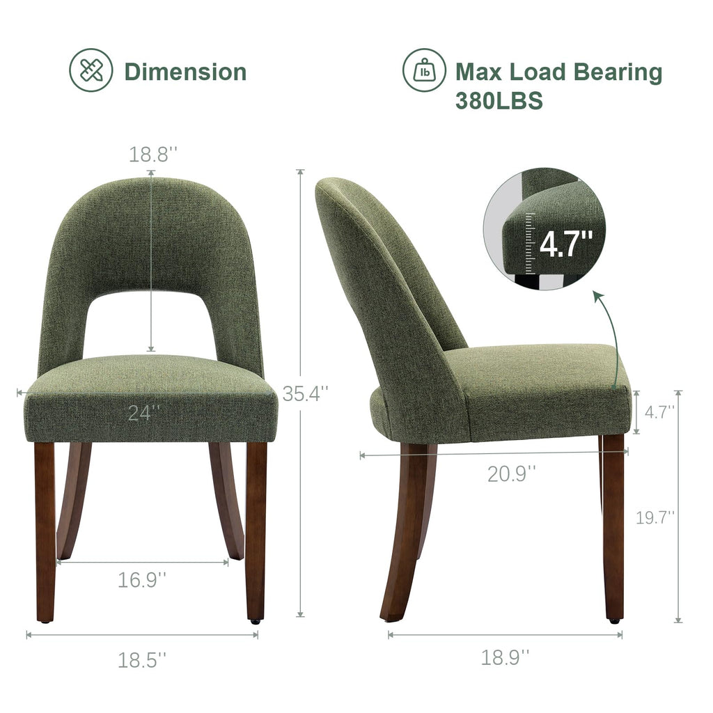 Wooden Dining Chairs Set of 6, Upholstered Kitchen Chairs with Walnut Wood Legs and Curved Linen Fabric Backrest