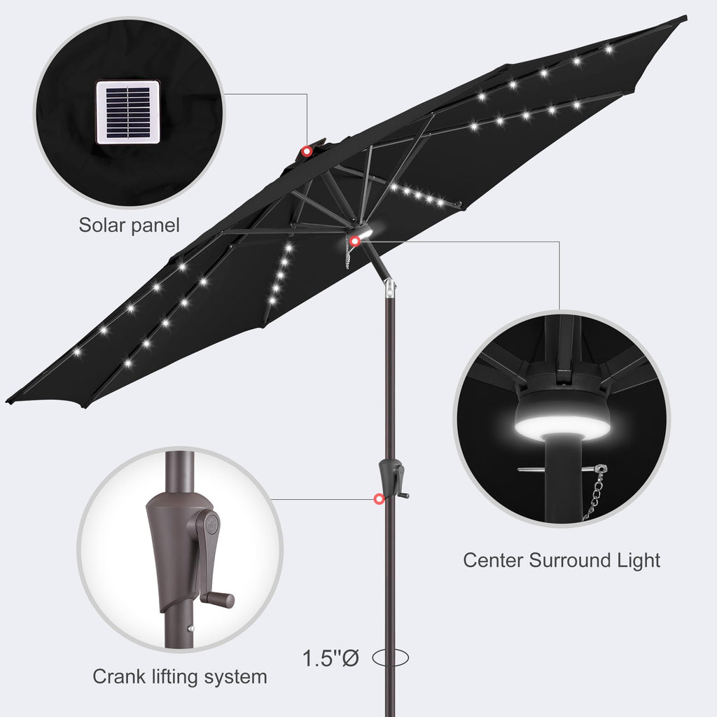 Solar Patio Umbrella with Centre Light, 10 ft Black