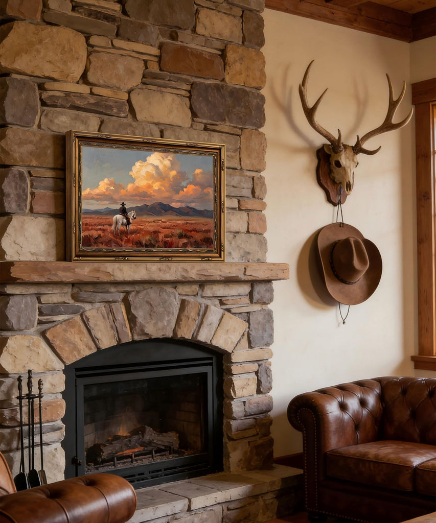 Vintage Gold Framed Wall Art Western Cowboy Wall Art Vintage Cowboy on Horse Wall Decor Picture Rustic Sunset