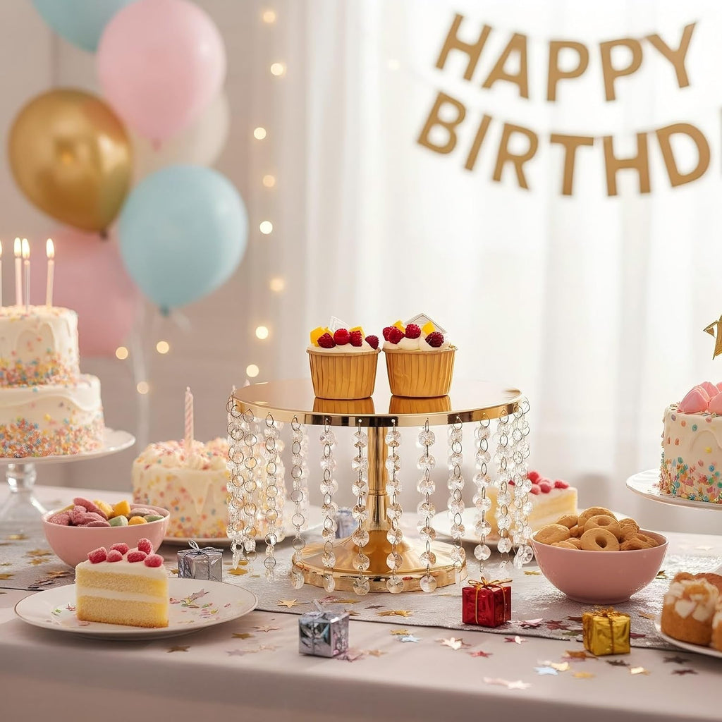 Cake Stand for Dessert Table 10 Inch Gold Crystal Pendants Metal Cake Stand Serves as A Round Dessert Cupcake Display