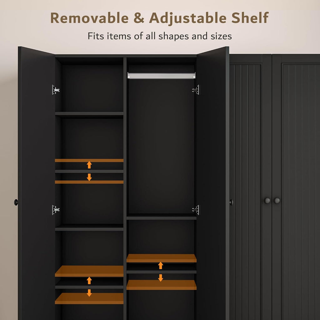 4 Doors Armoire Wardrobe Closet with 2 Drawers, 63" Large Wardrobe Cabinet with Removable Hanging Rods and Adjustable