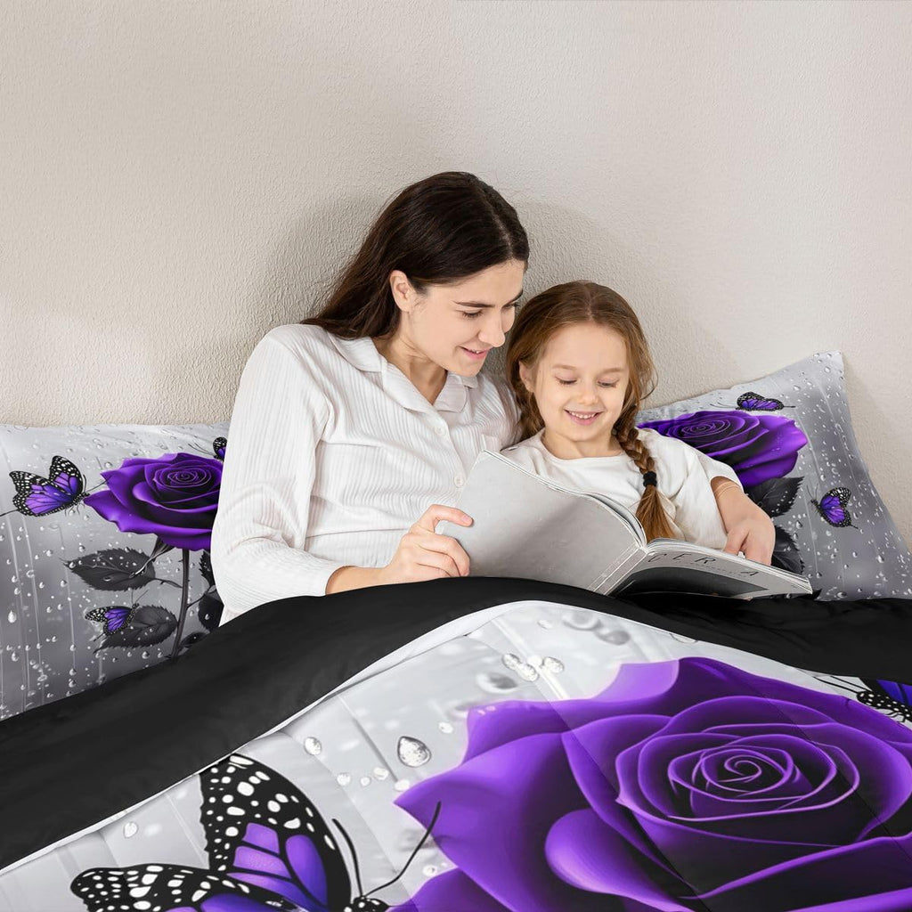 3D Rose Comforter Set - Rose Floral Print Bedding Set With Romantic Flowers, Butterfly Duvet Set, Quilt