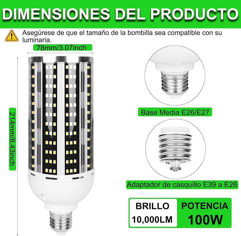 2 Pack 1000W Equivalent Led Corn Light Bulb, 10000 Lumen 5000K Daylight White 100W LED Corn Bulb, AC85-265V, E26/E39