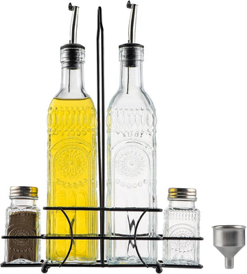 Glass Oil and Vinegar Cruet Set, Salt & Pepper Shakers with Holder - Set of 4