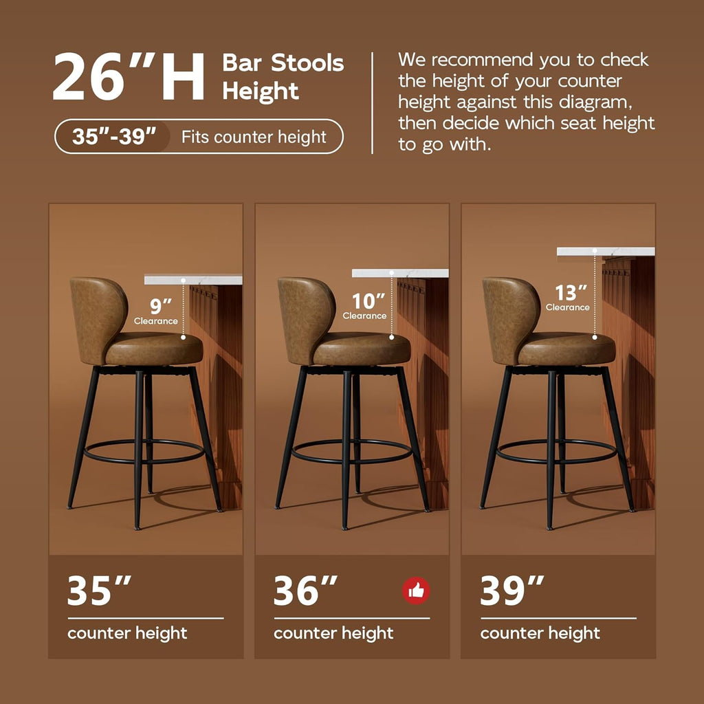 Bar Stools Set of 4, 26" Counter Height Swivel Leather Bar Stools, Upholstered Barstools with Back & Footrest Metal