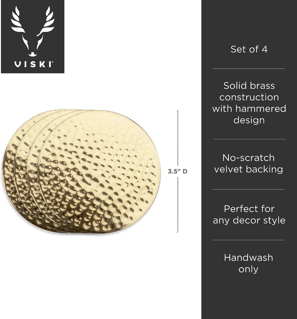 Hammered Brass Coasters, Round Coasters, Brass with Velvet Backing, Protect Tables and Surfaces, Gold - Set of 4