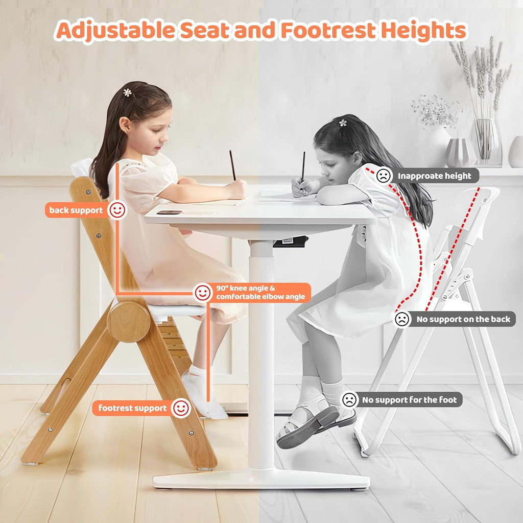 Foldable Wooden High Chair, No-Tools Adjustable Baby High Chair for Toddlers to Adult, Space-Saving Space Highchairs