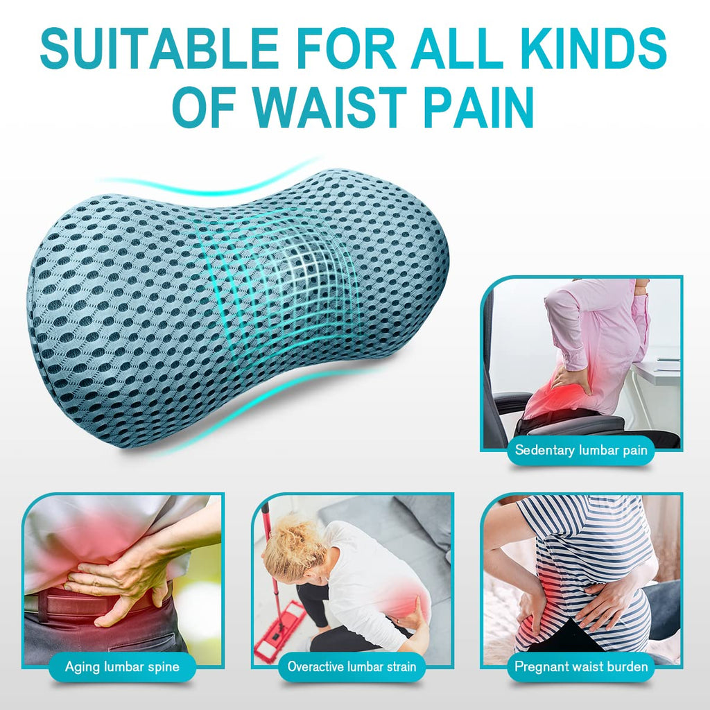 Lumbar Support Pillow Chair, Memory Foam Lumbar Pillow for Lower Back Pain Relief (Blue)