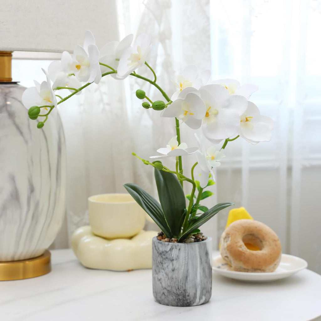 White Fake Orchids Flowers in Pot Bendable Faux Orchids Artificial Flowers Washable Silk Orchid Phalaenopsis Decor