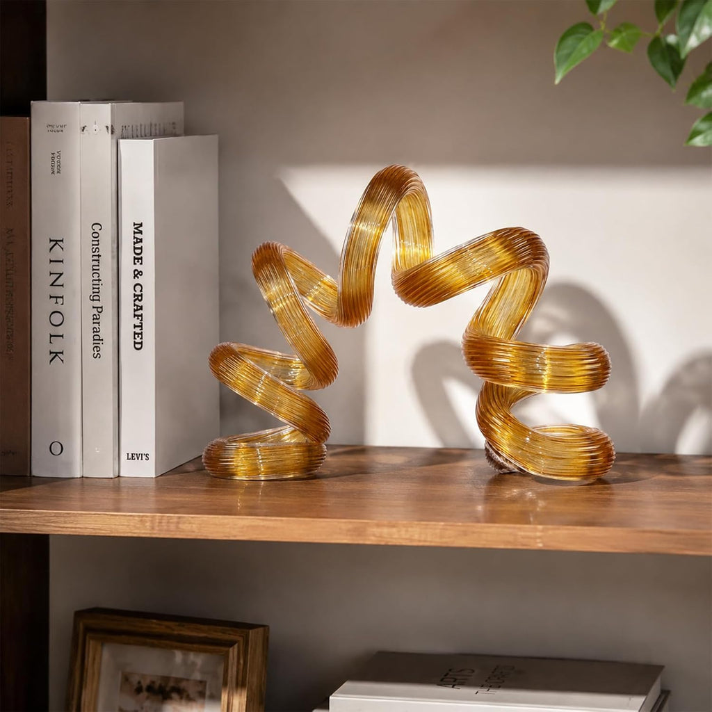 Hand Blown Glass Sculpture, Abstract Art Home Office Shelf Decor, 7.9" L x 5.5" H