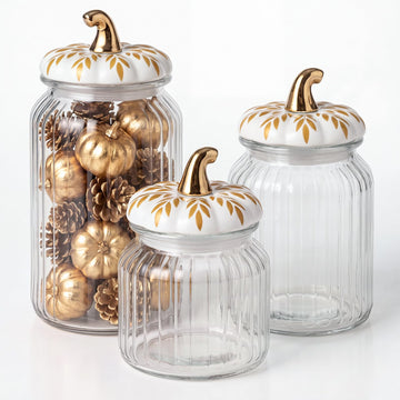 3 Set Fall Pumpkin Glass Jar with Pumpkin Airtight Ceramic Lid 44 oz 33 oz 22oz Clear Candy Jar Food Storage Canister