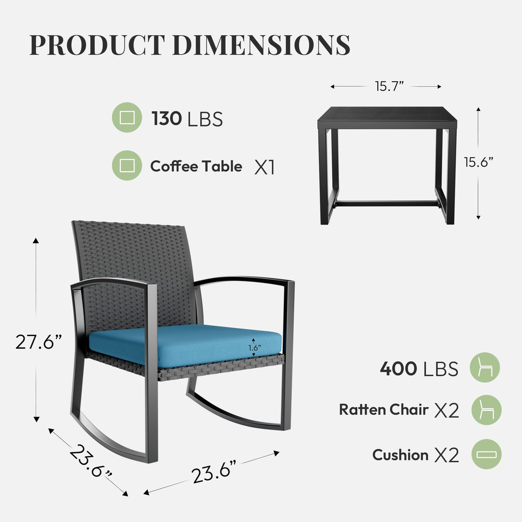 Rocking Patio Bistro Sets 3 Piece - All-Weather - Conversation Furniture Set, Wicker Rattan Outdoor Front Porch Chair