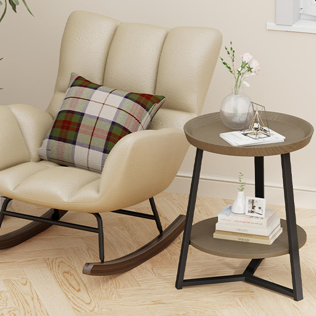 Round End Table with Storage Shelf, Walnut Color