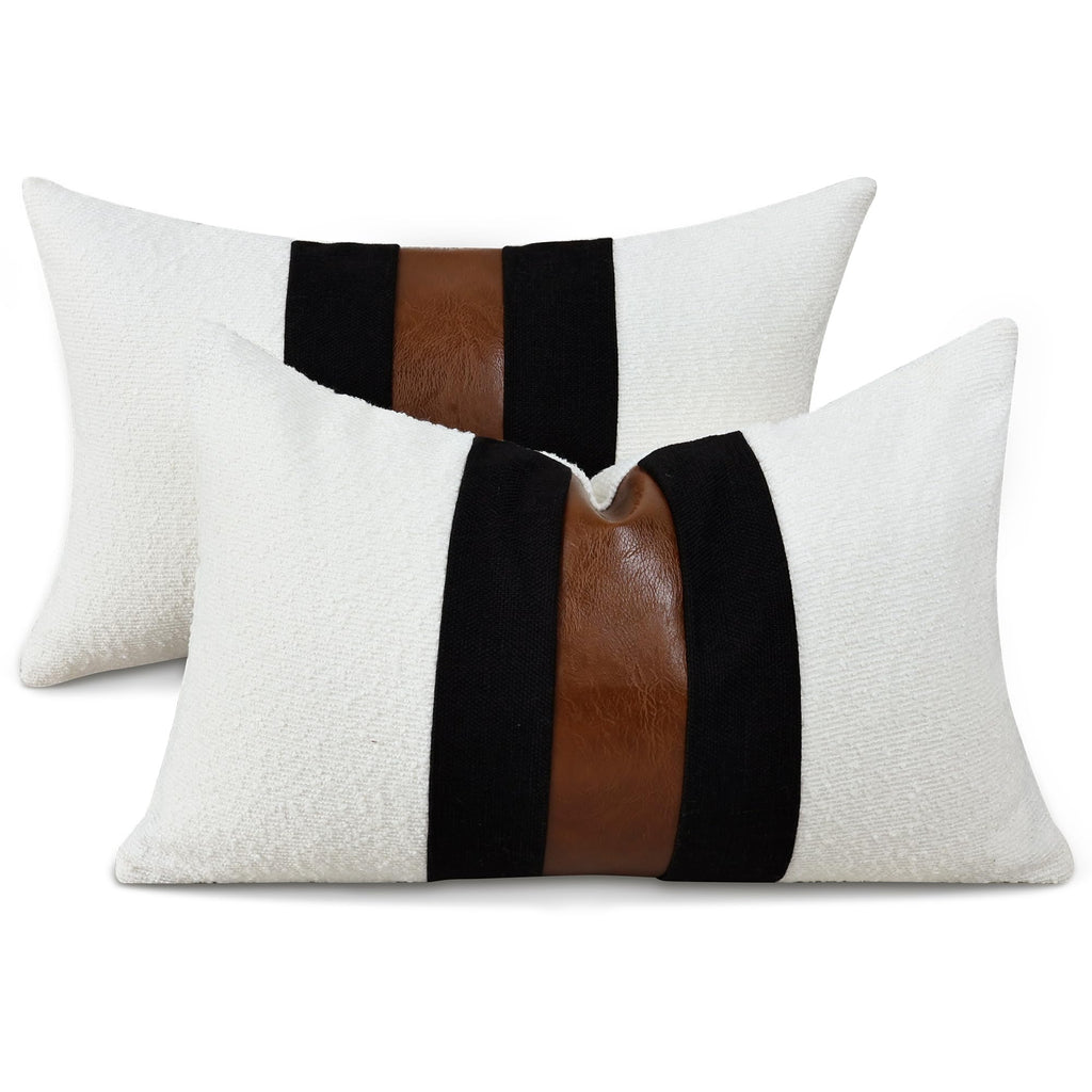 Boucle Patchwork Black Linen Throw Pillow Covers 12x20 Inch