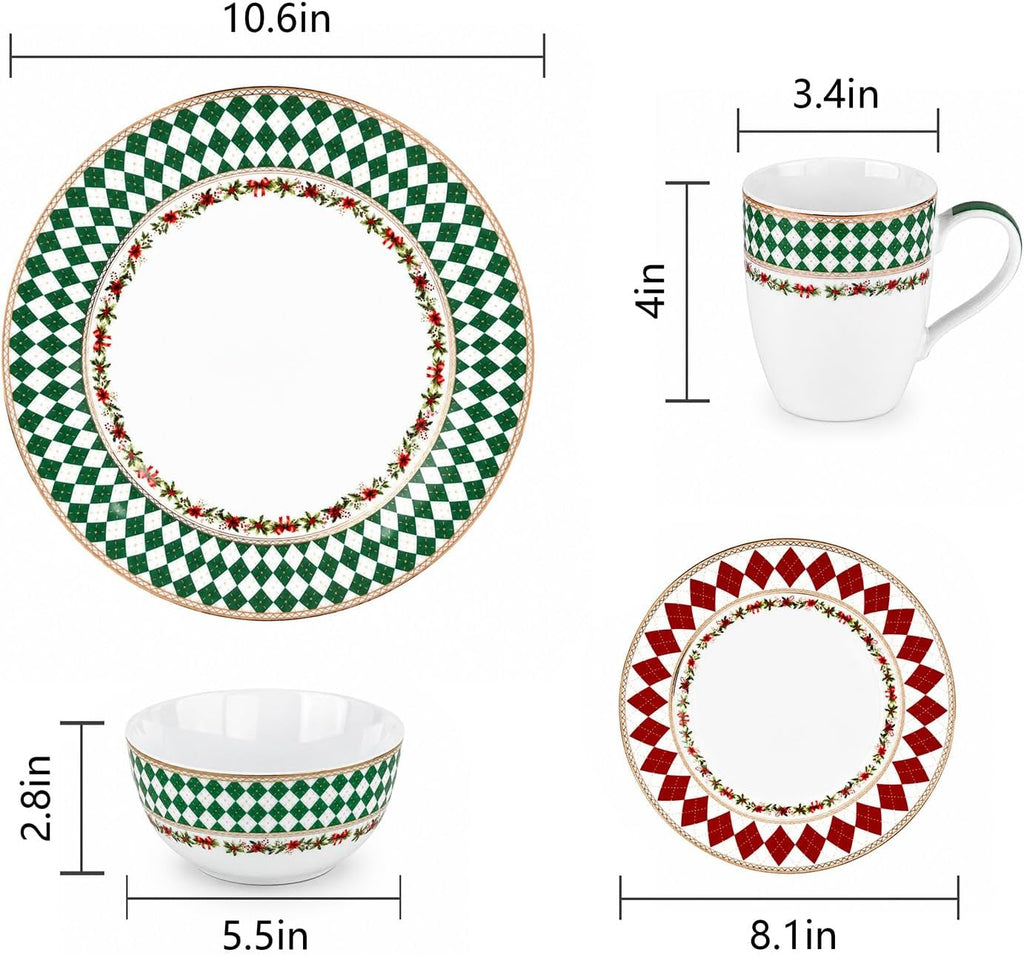 Christmas Argyle Real Gold Trim Porcelain Dinnerware Set,Service for 4