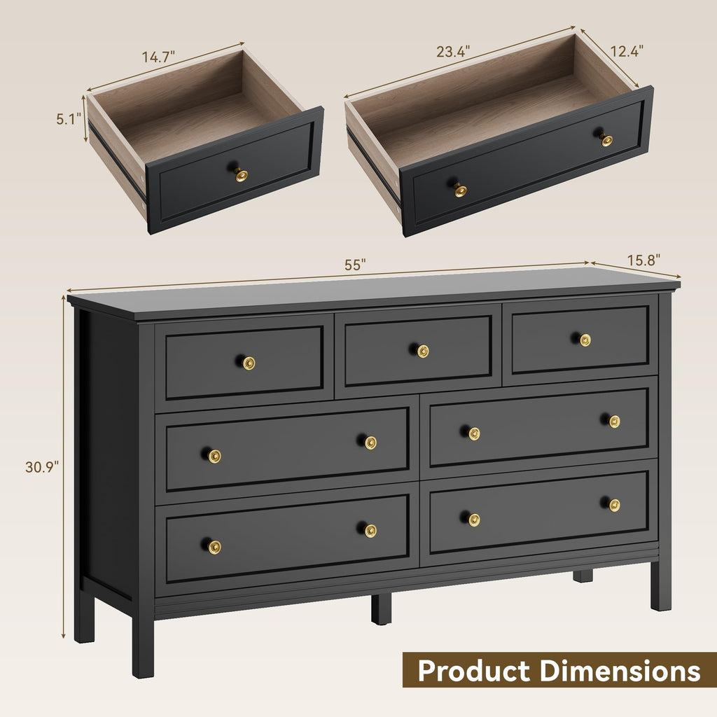 Black Dresser with Gold Handle Modern 7 Drawer Dresser, Wood Chest of Drawer Closet Clothes Storage Organizer, TV