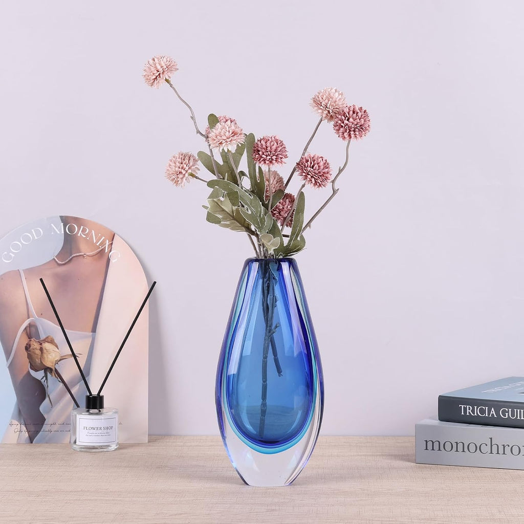 Hand Blown Glass Vase - 8.9" Tall Oval Decorative Art Glass with Colorful Speckled Finish, Luxury Centerpiece for