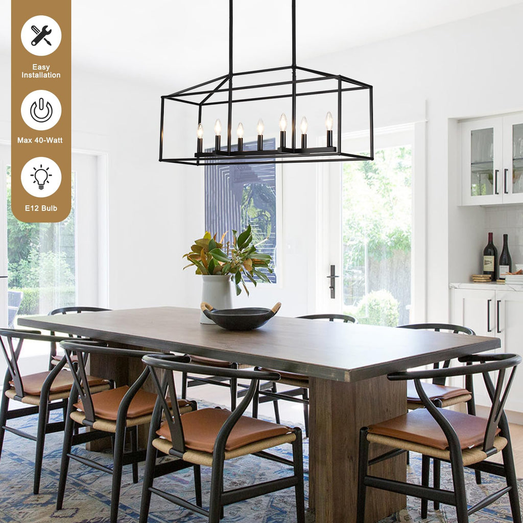 38'' Black Dining Room Light Fixture, 7-Light Rectangle Chandelier, Modern Farmhouse Island Lights, Large