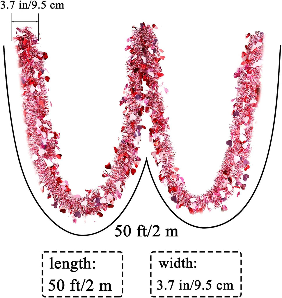 Valentines Garland Decor,50Ft Glitter Tinsel Heart Garland Decorations for Tree Mantle Bedroom Office Classroom Party - Set of 50