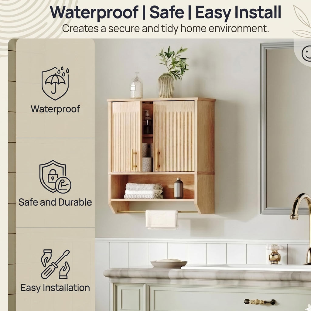 Narrow Bathroom Wall Cabinet with Towel Rack, Space Saving Medicine Cabinet for Small Spaces, Farmhouse Fluted Wall