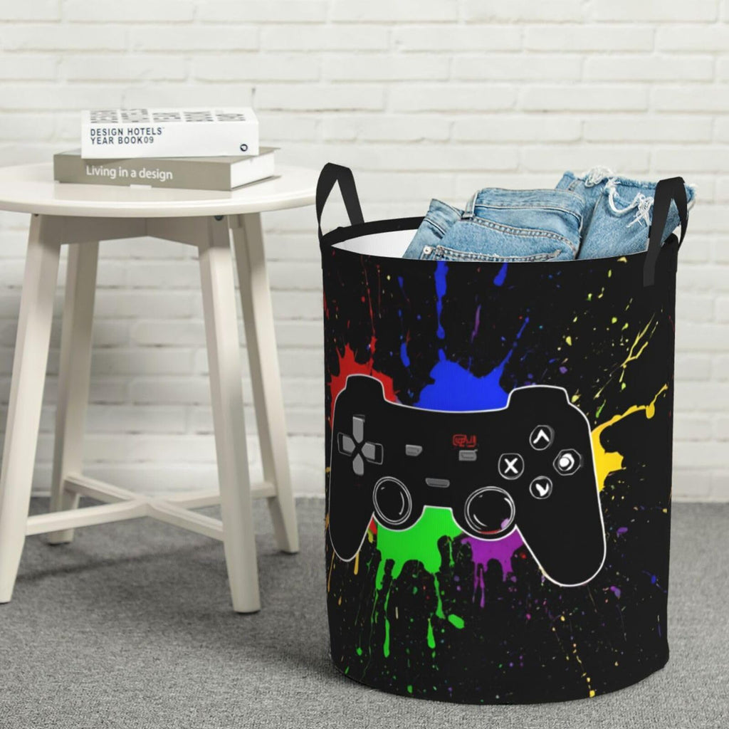 62l Round Laundry Hamper Game Joystick Storage Basket Waterproof Coating Organizer Bin Clothes Toys