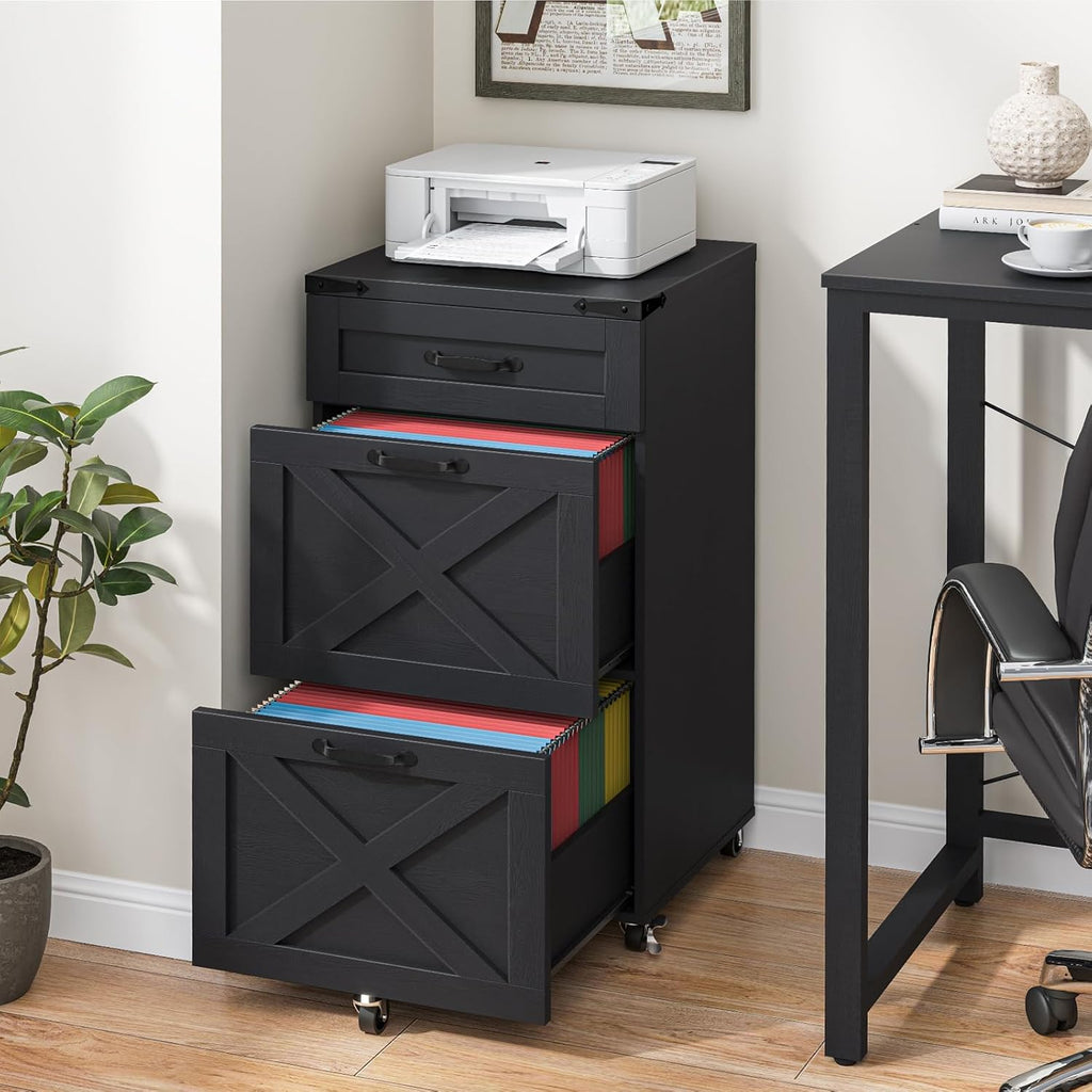 3 Drawers Farmhouse File Cabinet with Wheels , Rustic Black | Vertical Filing Cabinet Fits Letter/A4 Size, Rolling