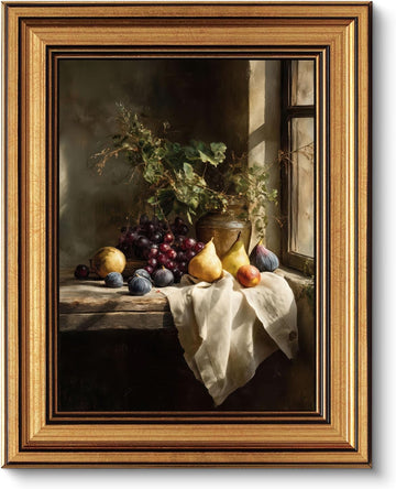 Gold Framed Wall Art, Vintage Fruit Still Life Canvas Prints - Farmhouse Kitchen Fruit Pictures Decor, Moody Antique