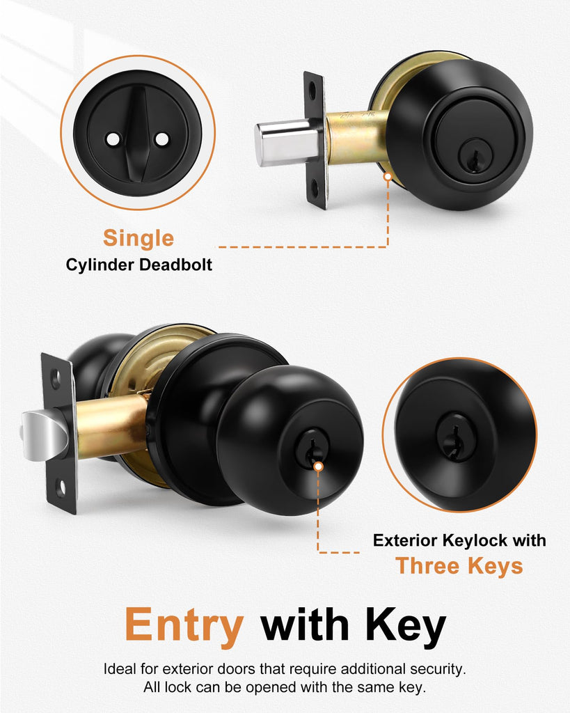 Keyed Alike Entry Knobs and Single Cylinder Deadbolt Lockset, Front Door Lock Set Exterior Door Knob with Deadbolt
