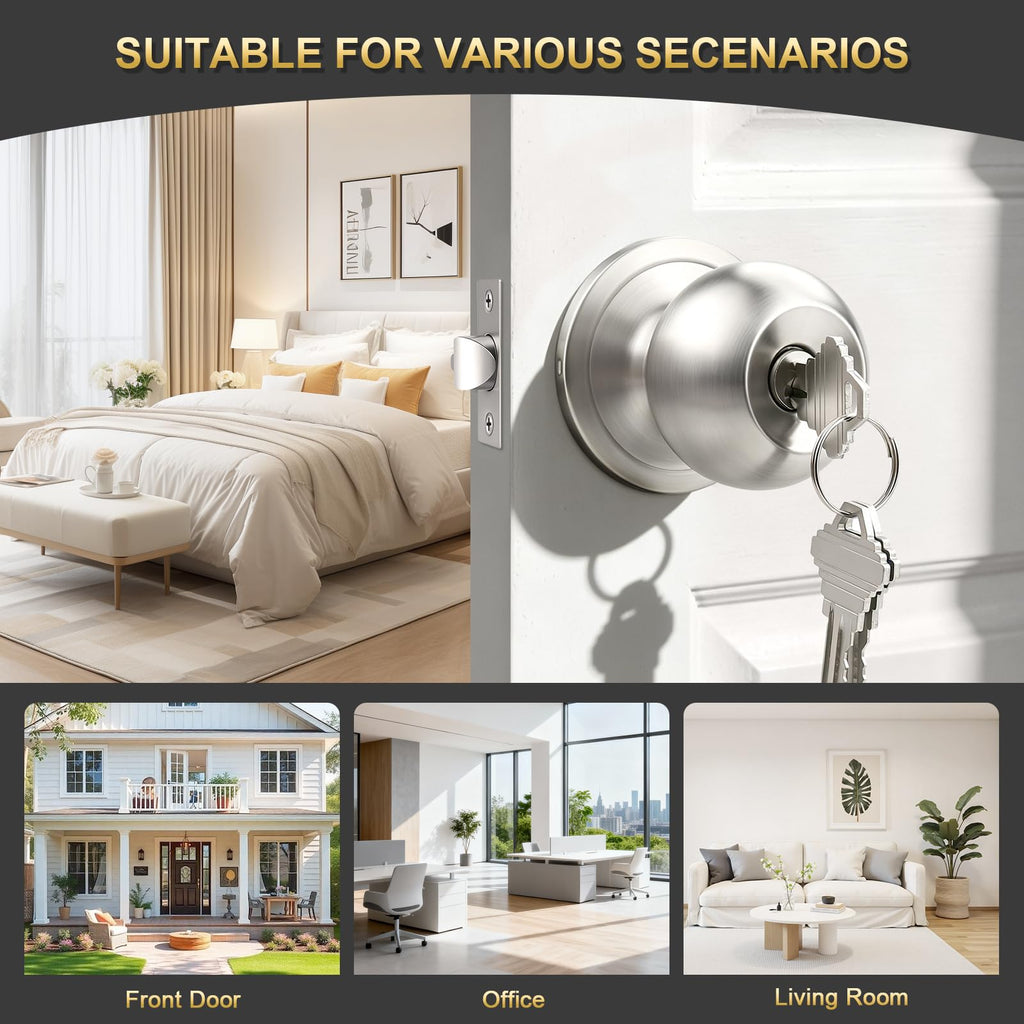 2 Pack Entry Door Knob with Lock, Keyed Different Door Lock for Exterior Door and Front Door, Standard Ball, Satin