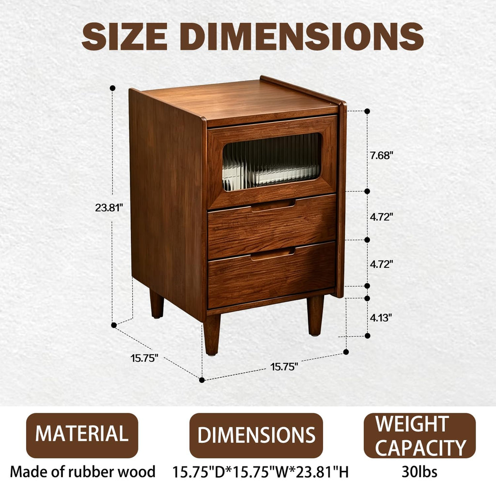 Walnut Solid Wood Nightstand, 15.75" D×15.75" W×23.81" H