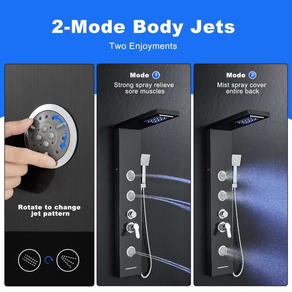 LED Shower Panel System with Massage Jets Stainless Steel Black