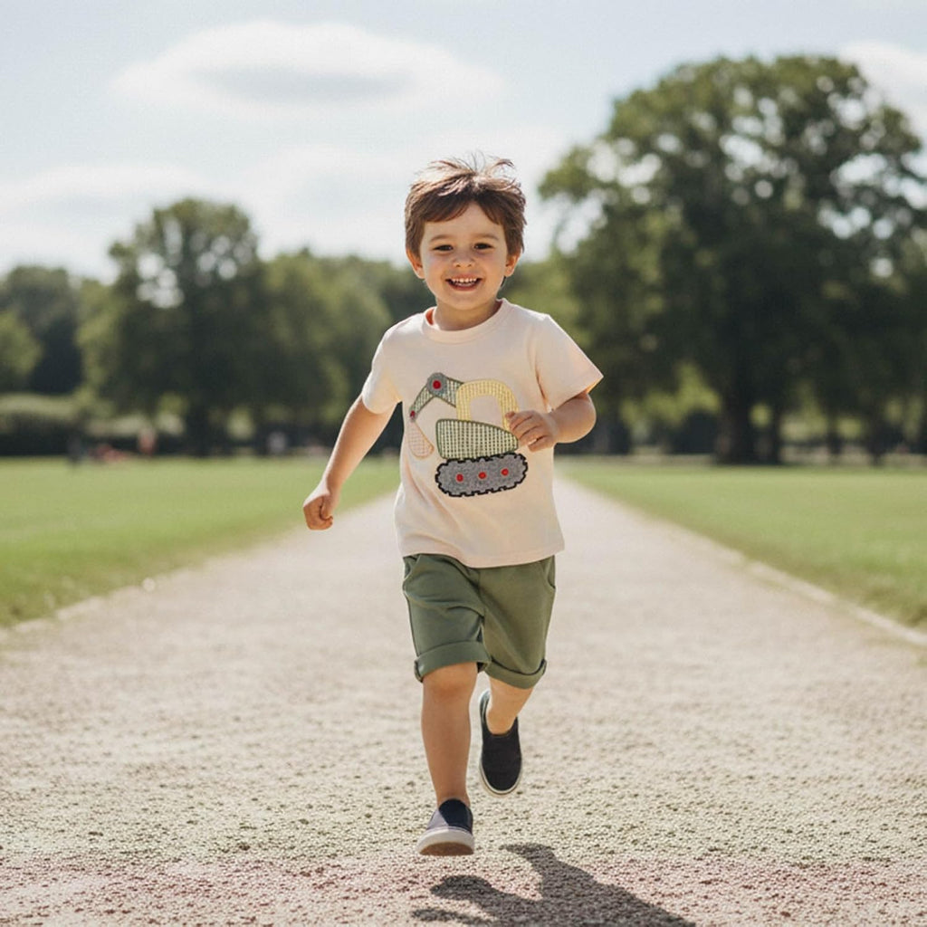 Toddler Baby Boy Summer Clothes Excavator Embroidery Short Sleeve T-Shirt Elastic Waist Shorts Set 2 Piece Outfit