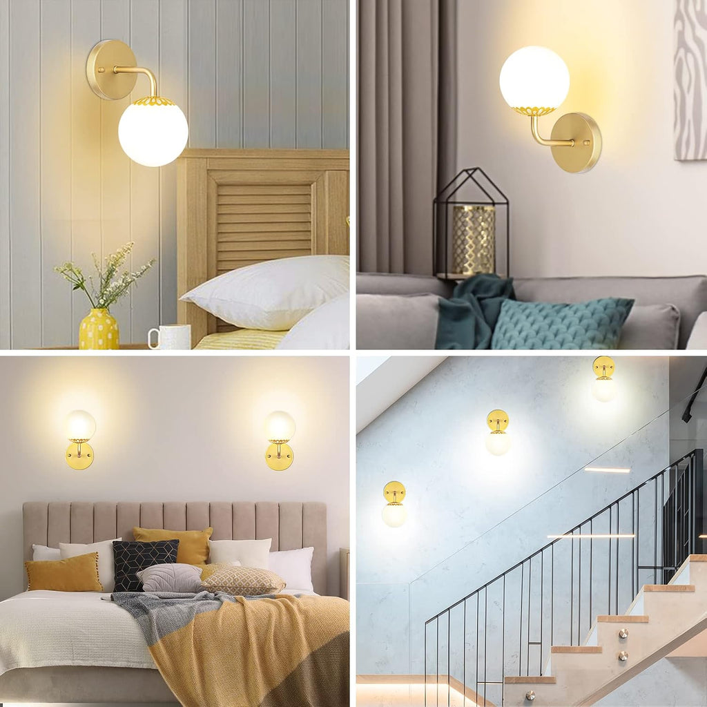 Modern Gold Wall Sconces Set of Two, Mid Century Wall Mounted Lamp, Brass Sconce with White Globe Glass, LED Wall