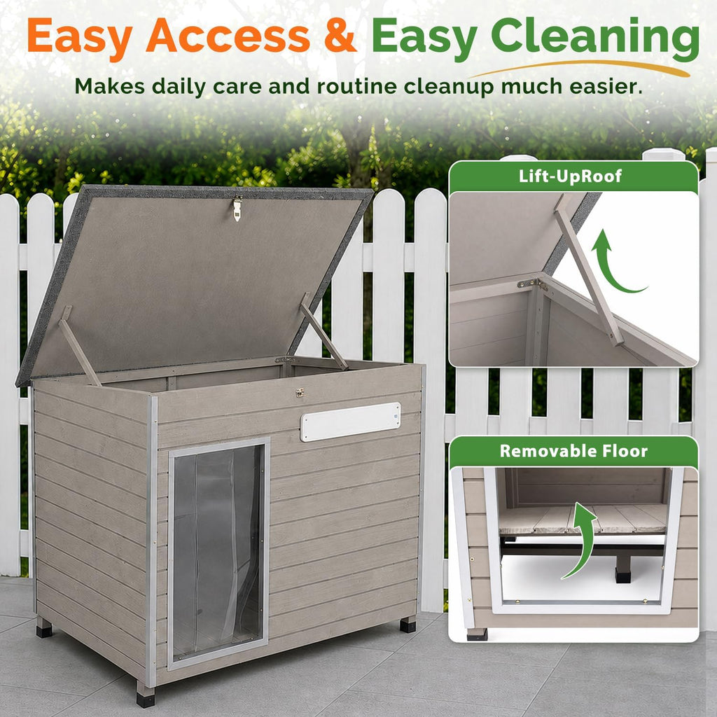 Large Dog House, 43.7-Inch Wooden Outdoor Shelter, Metal Frame