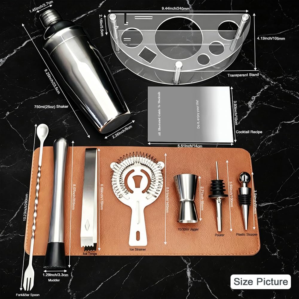 9-Piece Cocktail Shaker with Stand, 25oz Bartender Kit, Cocktail Shaker with Strainer Set, Bar Set Jigger - Set of 9