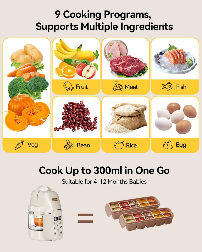 Food Maker, 9 in 1 Glass Baby Food Processor Steamer Puree Blender with 6 Blades, One Step Cook Grinding, Touch