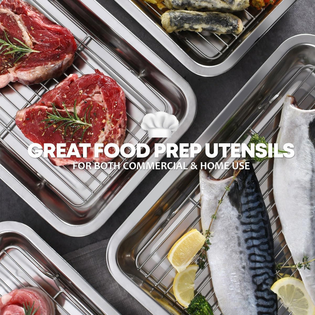 Stainless Steel Food Prep Container with Rack & Lid (Tray), 4.54Quarts, Catering Pans, Restaurant Pans, Buffet Party