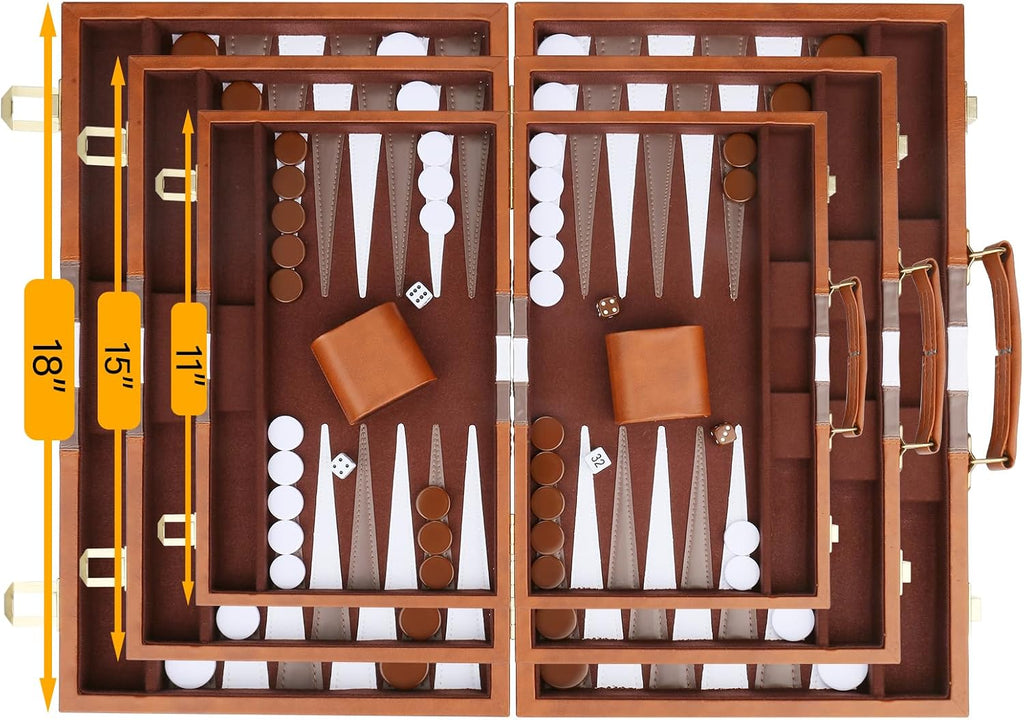 Backgammon Set - Classic Board Game with Premium PU Leather Case & Portable Travel Strategy Backgammon Game Set