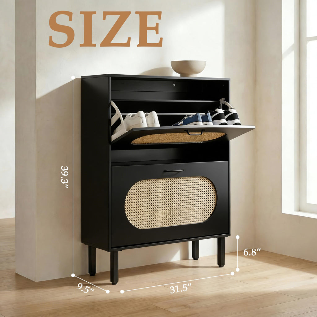 Shoe Storage Cabinet with 2 Flip Drawers, Freestanding Narrow Shoe Rack Organizer, Natural Semi-Circular Rattan