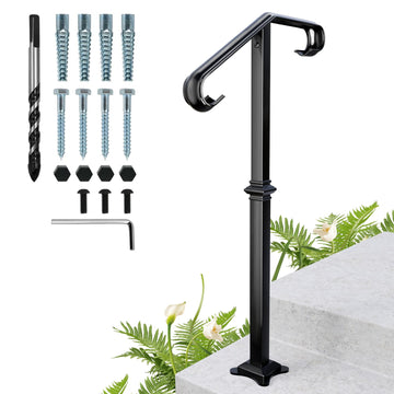 Single Step Handrail, 1 or 2 Steps Hand Rails for Outdoor Steps, Rust-Proof Wrought Iron Stair Railing for Seniors