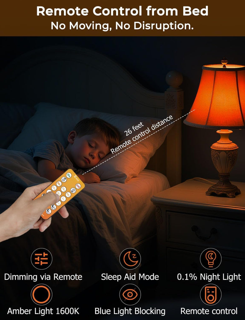 Amber Sleep Light Bulbs 1600K with Remote Control, E26 Blue Light Blocking A19, 9W for Sleep Therapy, Baby Nursery