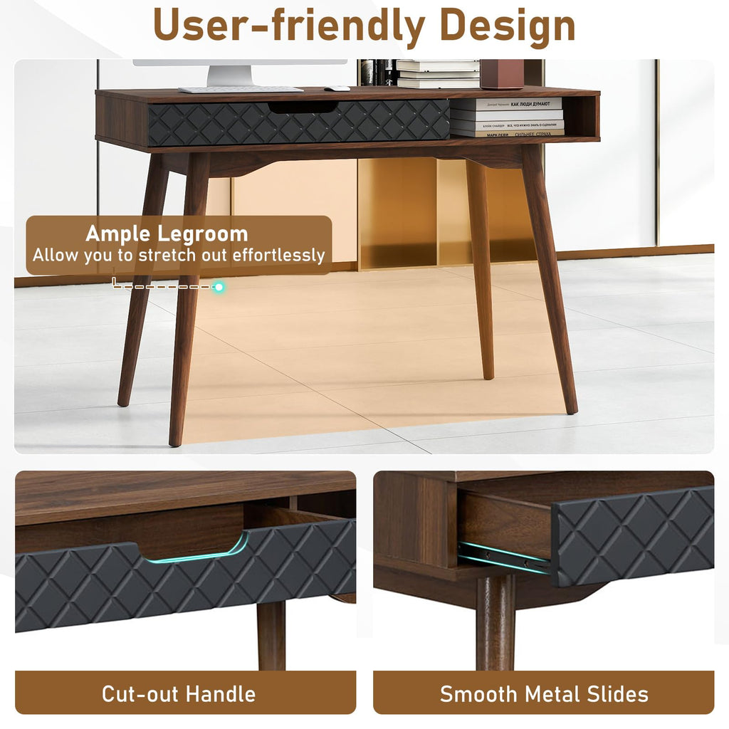 Mid Century Modern Desk, Home Office Standing Desk w/Drawer & Open Compartment, Small Computer Desk Work Study Table