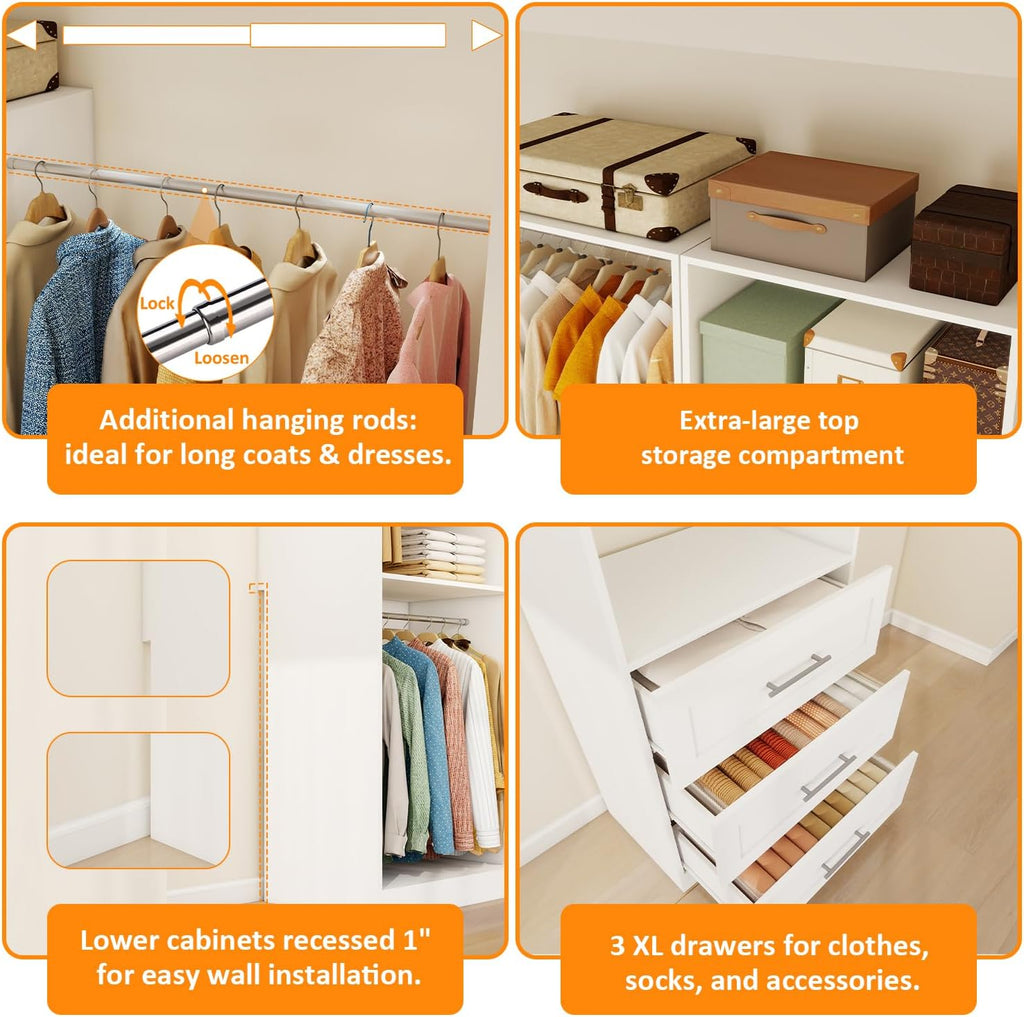 Closet System of 2 Sets with 3 Drawers & 4 Shelves & 4 Hanging Rods, 4FT-10FT Closet Organizer System, Walk in